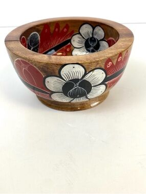 Hand-Painted Wooden Floral Bowl - Red & White